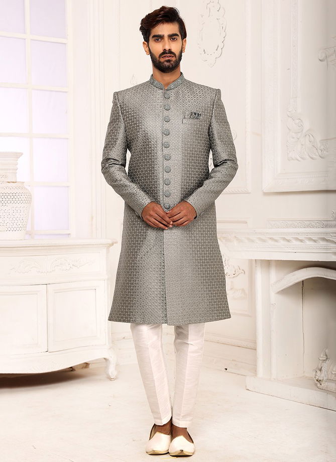 Dark Gray Colour Party Wear Jacquard Nawabi Indo Western Collection 1107